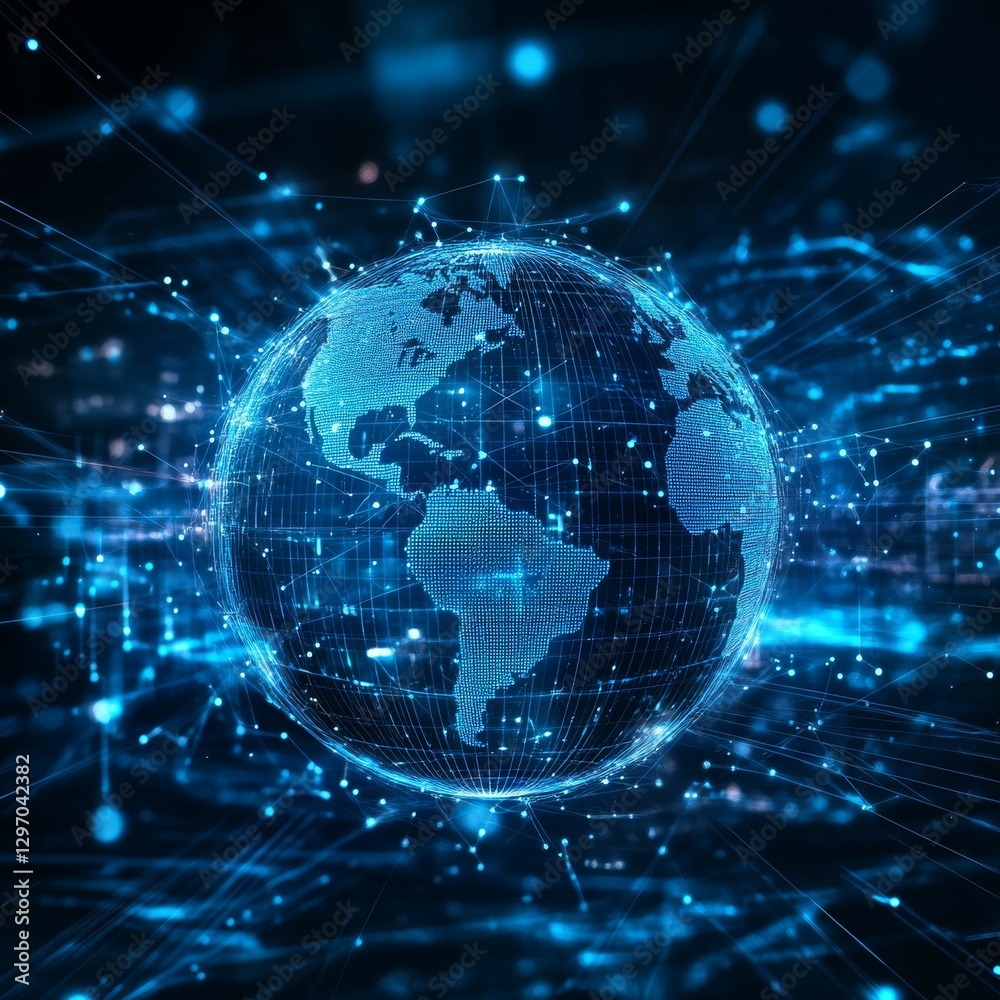Global Network: A Blue Earth Globe Representing Connectivity, Digital Technology, and Worldwide Communication Systems Global Network: A Blue Earth Globe Representing Connectivity, Digital Technology, and Worldwide Communication Systems