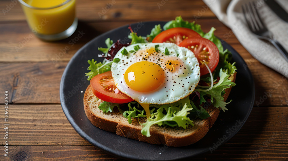 Fried Eggs on Wholegrain Toast and green salad for Breakfast. on wooden table, top view Fried Eggs on Wholegrain Toast and green salad for Breakfast. on wooden table, top view