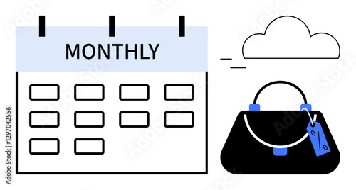 Calendar displaying a monthly schedule next to a shopping bag with a price tag, situated under a cloud. Ideal for ecommerce, online shopping, sales planning, scheduling, subscription services