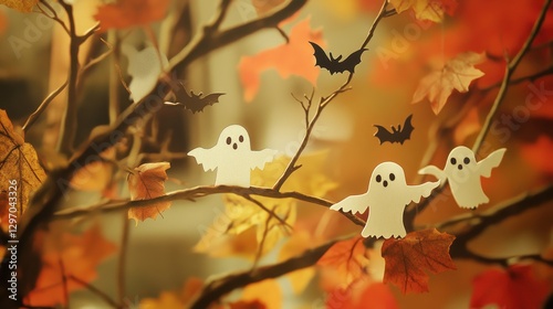Whimsical Halloween decorations featuring cute white ghosts and bats amid autumn leaves.