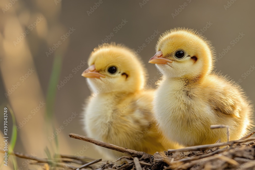 Two small yellow birds perched on their nesting site, showing their natural habitat Two small yellow birds perched on their nesting site, showing their natural habitat
