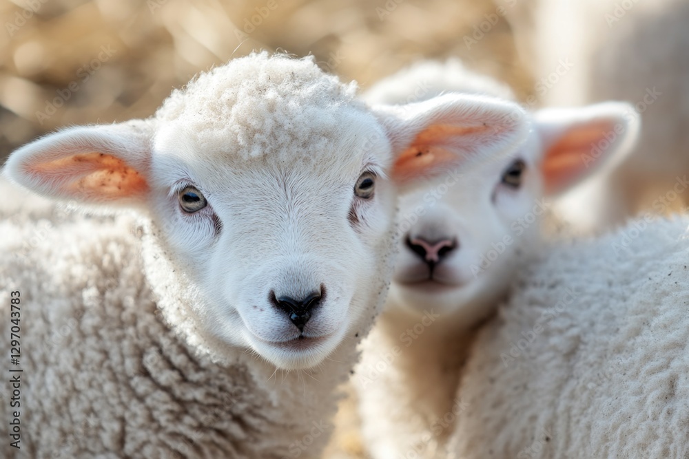 Two white sheep standing side by side, a peaceful scene Two white sheep standing side by side, a peaceful scene