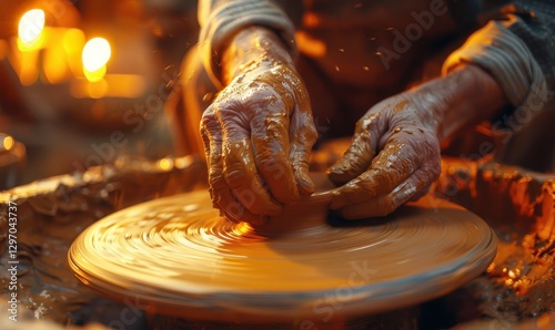 Close-up of hands expertly shaping clay on a pottery wheel, illuminated by warm, soft lighting in a creative studio setting.