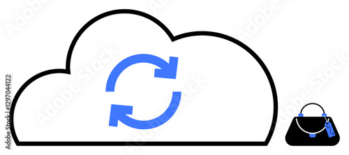 Cloud with sync arrows indicating data synchronization, adjacent handbag signifies retail, fashion, and ecommerce. Ideal for cloud storage, data backup, retail business, ecommerce integration