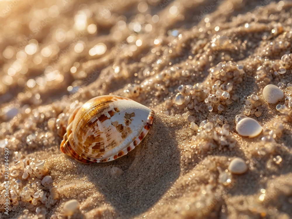 Sunset Dreams. Sand grains glow in the evening light with shells. Sunset Dreams. Sand grains glow in the evening light with shells.