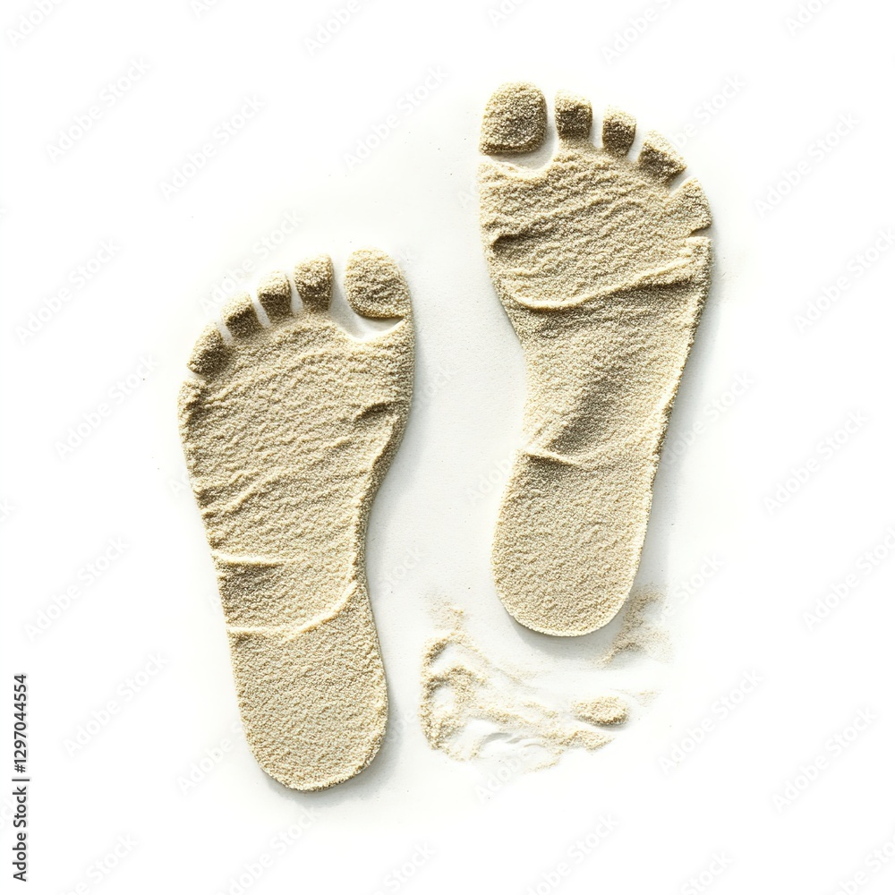 Flip-Flop Footprints in Soft Sand Isolated on White Background, Symbolizing Summer Fun and Relaxation Flip-Flop Footprints in Soft Sand Isolated on White Background, Symbolizing Summer Fun and Relaxation