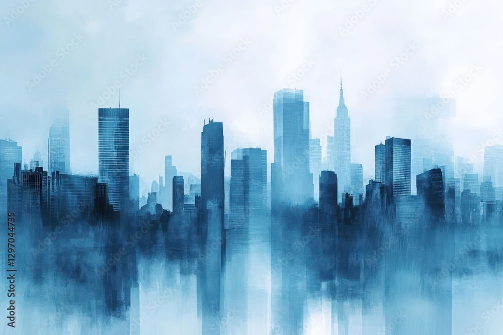 Abstract cityscape representing a skyline painted in shades of blue Abstract cityscape representing a skyline painted in shades of blue