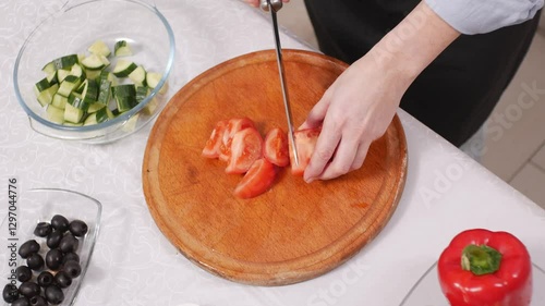 Wallpaper Mural Woman cutting fresh vegetables on a cutting board for salad. Top view. Female preparing food in the kitchen. Torontodigital.ca