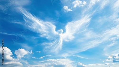 A majestic, ethereal angel figure shaped by wispy clouds against a bright blue sky.