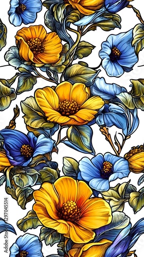 Vibrant Floral Pattern with Colorful Blooming Flowers and Foliage in Spring or Summer Garden