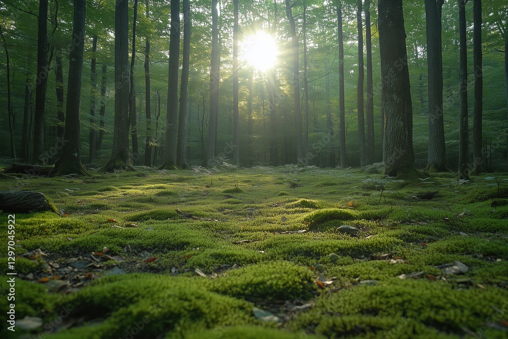 Obraz premium Sunlight filters through trees in a serene forest showcasing vibrant green moss underfoot