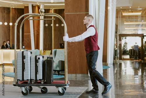 Wide shot of young adult Caucasian man pushing golden luggage cart