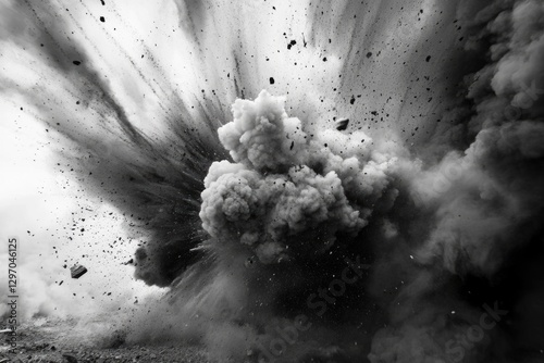 A dramatic black and white image of a massive explosion