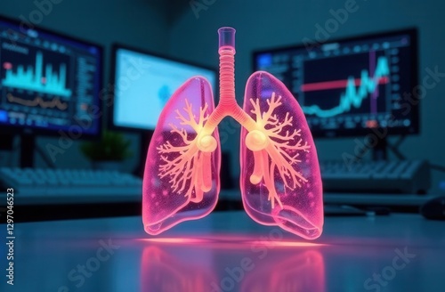 Human lungs, transparent luminous 3D model on the table.