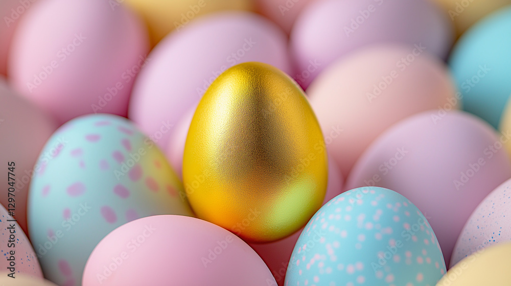 A collection of pastel-colored Easter eggs with a single golden egg in the center. A collection of pastel-colored Easter eggs with a single golden egg in the center.
