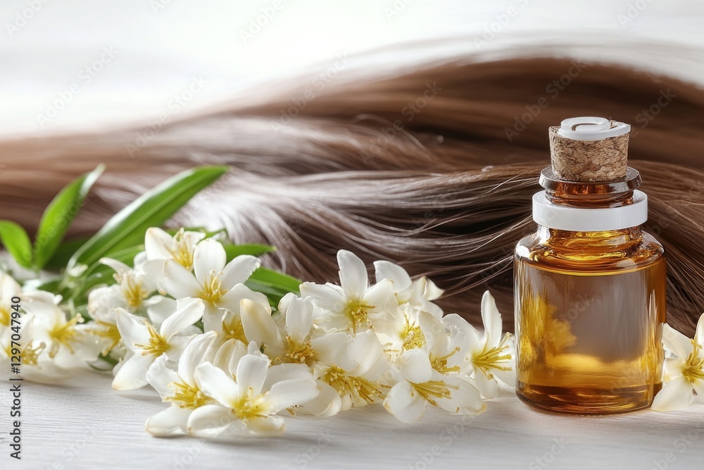 Fototapeta premium Aromatic plant extract in a glass container with floral decorations, suitable for wellness and spa settings