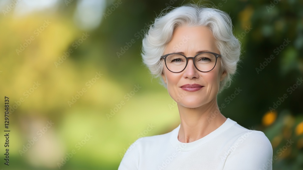 Mature woman with short white hair and glasses smiling confidently in a green garden on a sunny day Mature woman with short white hair and glasses smiling confidently in a green garden on a sunny day