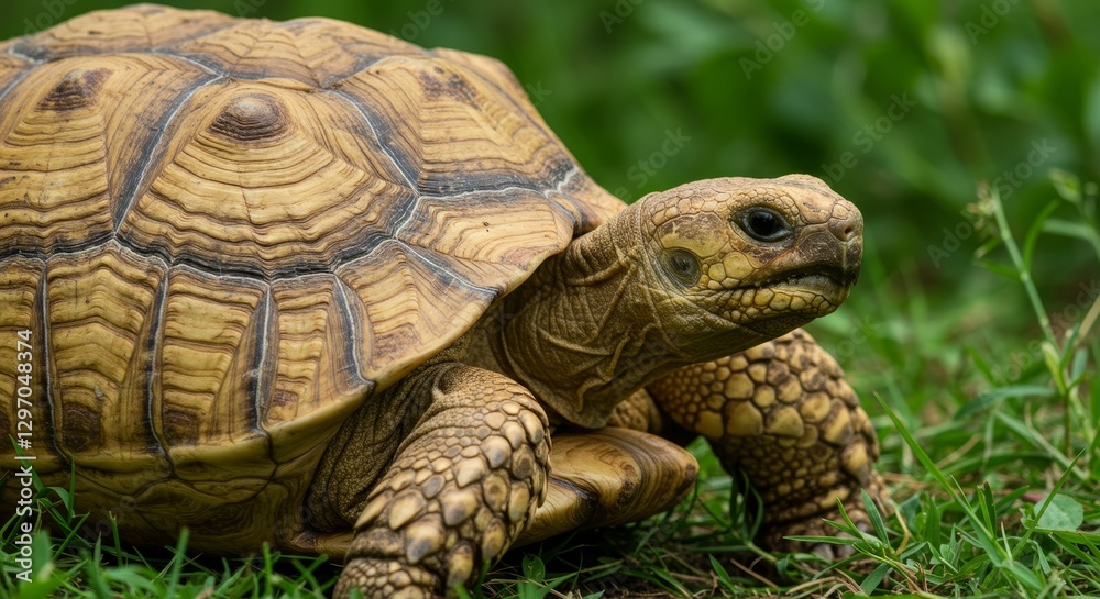 African Spurred Tortoise in Grassland - A close-up shot of an African spurred tortoise in a lush green field. Its textured shell and intricate markings are clearly visible African Spurred Tortoise in Grassland - A close-up shot of an African spurred tortoise in a lush green field. Its textured shell and intricate markings are clearly visible