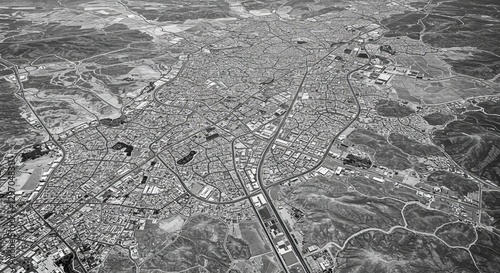 Aerial View of Suburban Cityscape - High-angle black and white aerial photograph of a sprawling suburban city, showcasing its road network and residential areas
