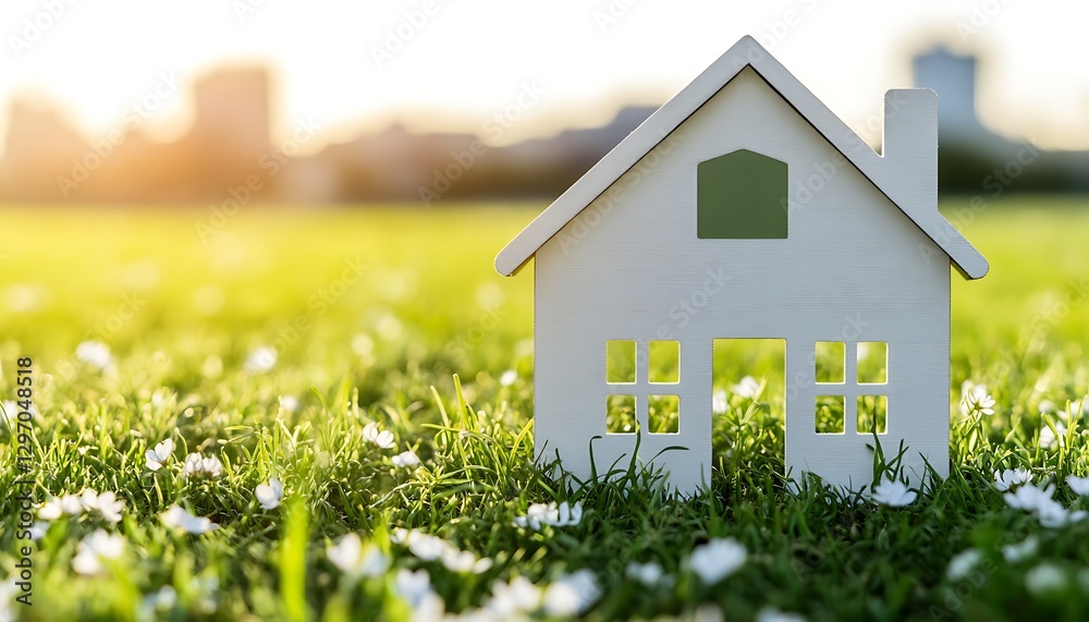 A miniature white house rests in a green grassy field A miniature white house rests in a green grassy field