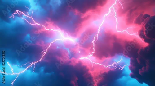 Pink and blue clouds surround bright lightning during a storm