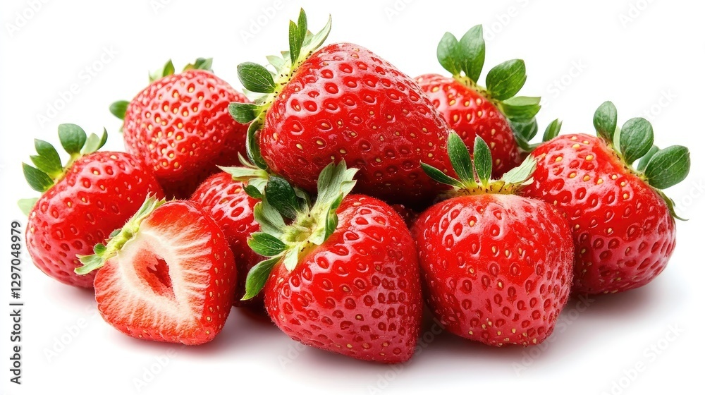 Bright, clean composition of fresh strawberries appearing to float weightlessly against a pure white background, emphasizing their vibrant red color.