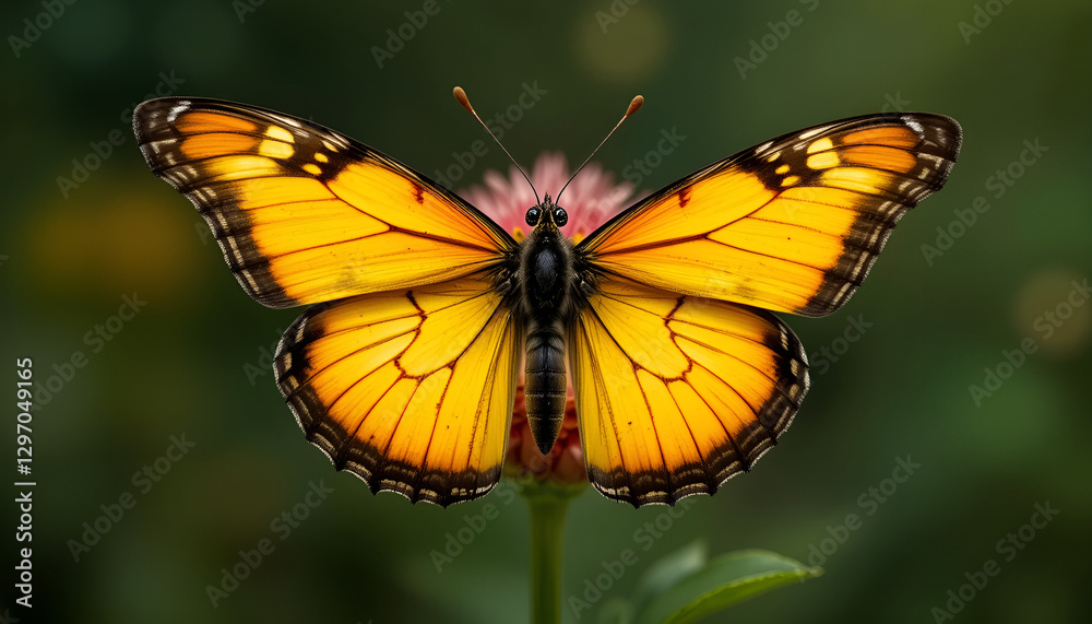 Wings of Gold: A macro view reveals the vibrant beauty of a butterfly with wings of gold, gracefully perched atop a delicate pink flower in a garden. Wings of Gold: A macro view reveals the vibrant beauty of a butterfly with wings of gold, gracefully perched atop a delicate pink flower in a garden.