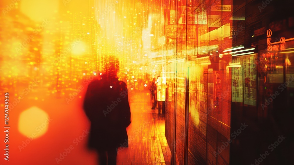 Fototapeta premium A blurry image of people walking down a city street at night