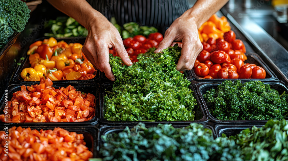 Obraz premium Hands prepare a vibrant salad with fresh vegetables highlighting the beauty of healthy eating for nourishment and recovery