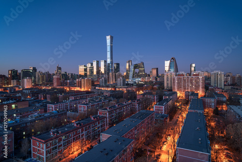 A bird's-eye view of the panorama of the urban building complex in Beijing, China at sunset
