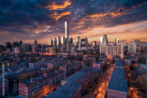 A bird's-eye view of the panorama of the urban building complex in Beijing, China at sunset