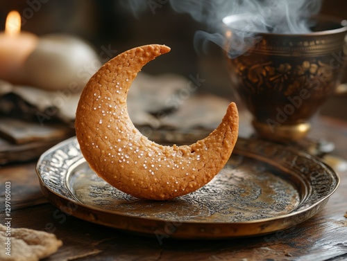 A crescent moon cookie on a decorative brass plate, accompanied by hot tea and candle, evoking a sense of Ramadan celebration and spiritual reflection.