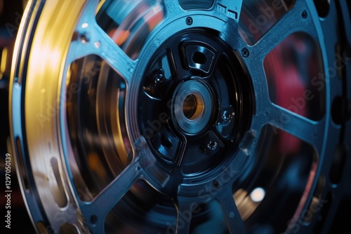 A close-up shot of a wheel with a bright yellow rim, suitable for use in designs related to transportation or technology photo