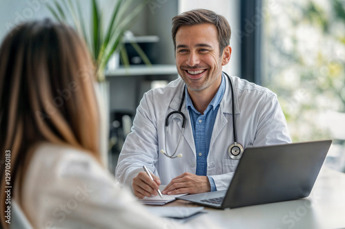 Smiling Male Doctor in White Coat with Stethoscope, Engaging in Patient Consultation at Modern Medical Office