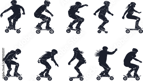 Vector silhouettes of roller skaters in motion, dynamic skating poses, sequential action study, black and white minimalist graphic art.