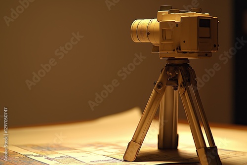 Camera positioned on tripod above blueprint illustrates land survey for building permits process. Concept involves detailed land survey for building permits to ensure accuracy and compliance photo