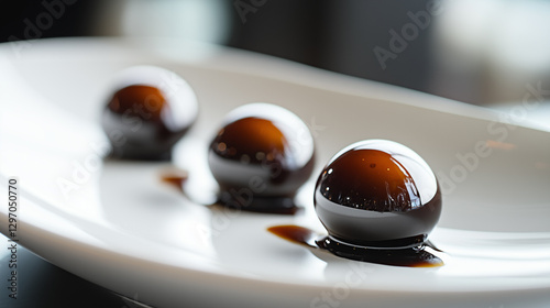 Molecular gastronomy spheres with balsamic glaze on a white plate