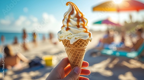 Delicious Ice Cream Cone with Caramel Drizzle on the Beach