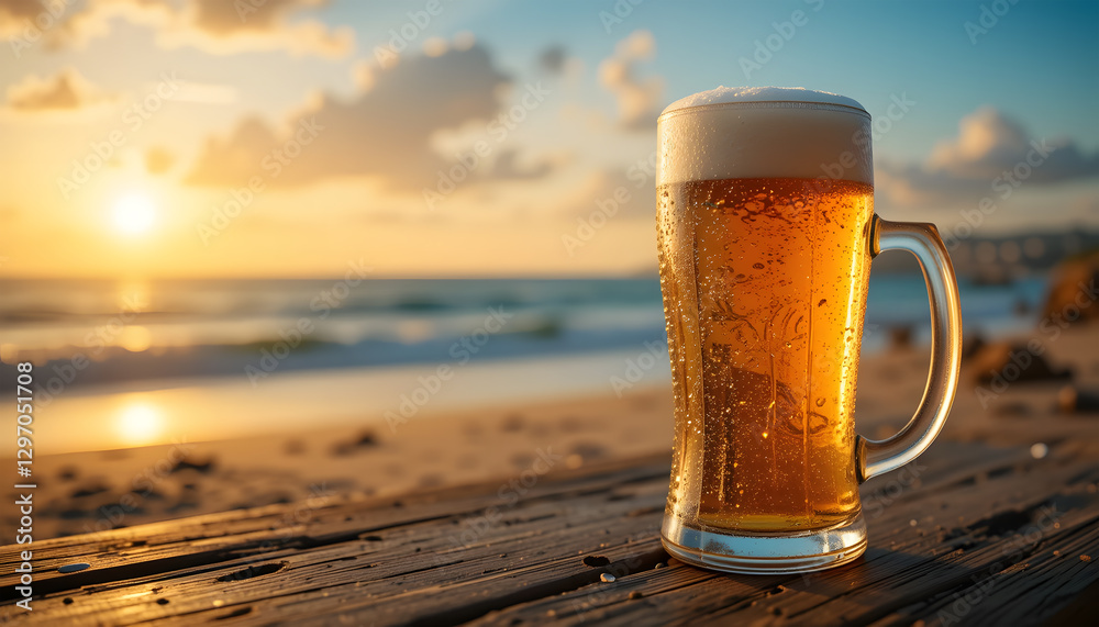 A frosty pint of golden beer sits on a rustic wooden table, bathed in the warm glow of a breathtaking beach sunset. A frosty pint of golden beer sits on a rustic wooden table, bathed in the warm glow of a breathtaking beach sunset.