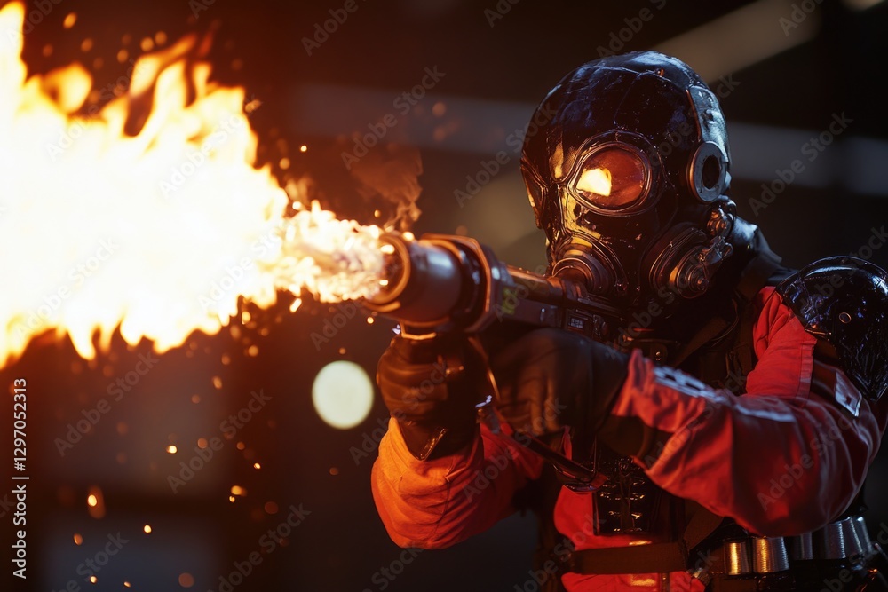 A person wearing a gas mask and holding a gun, likely for protection or tactical use