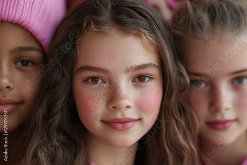 A group of young girls with freckles smiling and laughing together