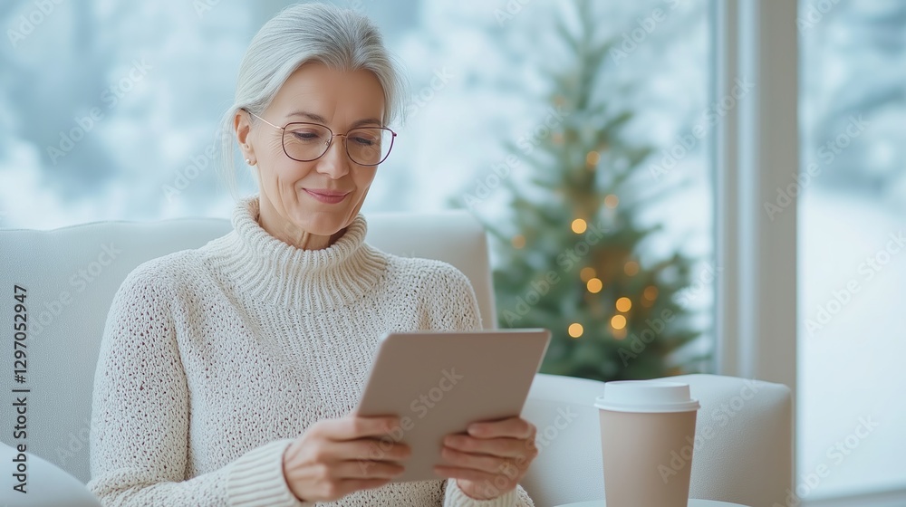 Senior woman relaxes indoors during winter while using a tablet with a warm beverage nearby Senior woman relaxes indoors during winter while using a tablet with a warm beverage nearby
