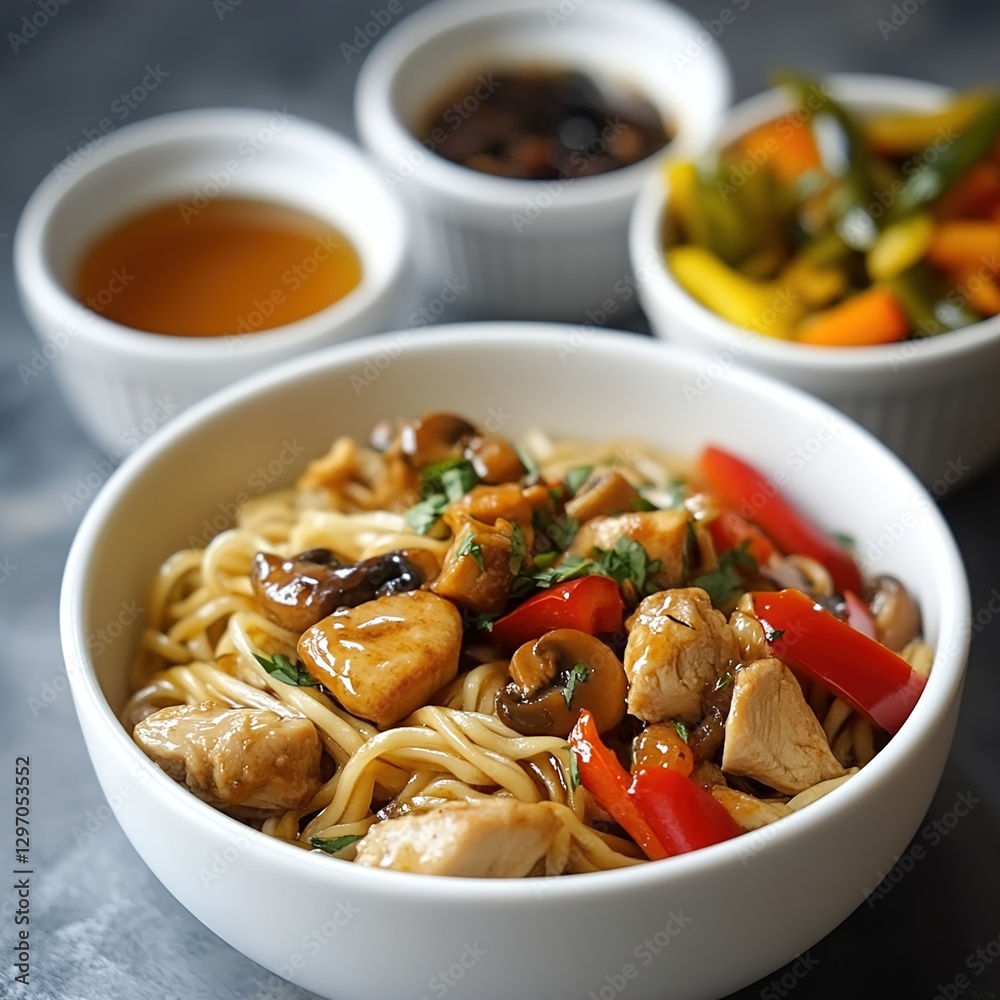 Little White Bowls of Oyster Sauce, Honey, and Herbs Next to Large White Bowl of Stir Fry Noodles with Chicken and Vegetables Little White Bowls of Oyster Sauce, Honey, and Herbs Next to Large White Bowl of Stir Fry Noodles with Chicken and Vegetables