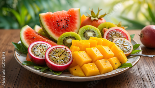 A colorful tropical fruit platter featuring fresh mango slices, juicy watermelon, ripe kiwi, passion fruit halves, and dragon fruit, all arranged beautifully on a ceramic plate.