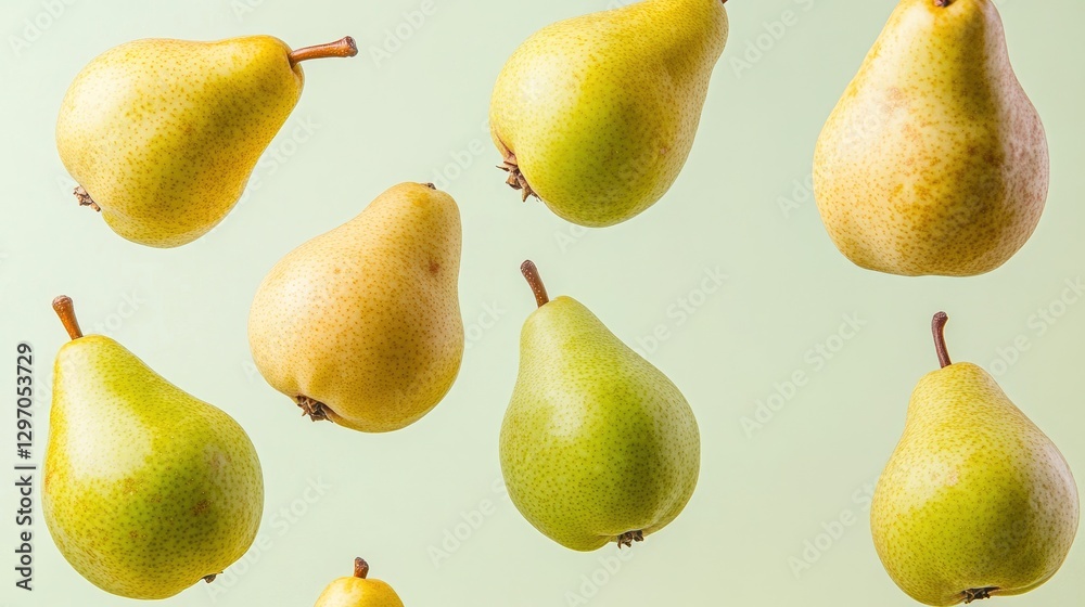 Pears in various shades of green and yellow floating in mid-air, emphasizing their organic shapes. Pears in various shades of green and yellow floating in mid-air, emphasizing their organic shapes.