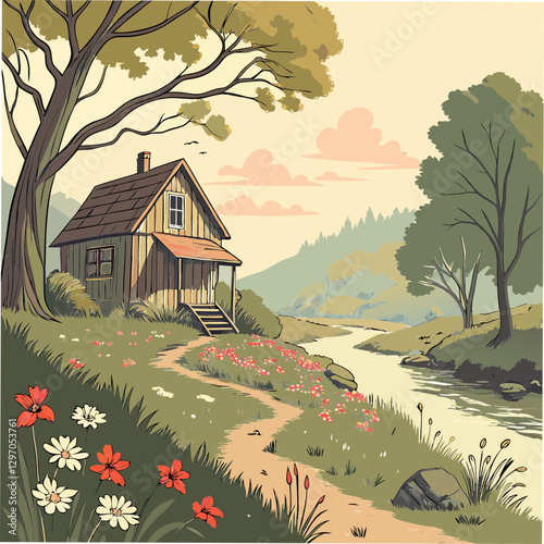 Summer landscape oil painting of an old wooden house by a river, surrounded by flowers and trees.