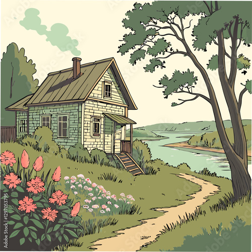 Summer landscape oil painting of an old wooden house by a river, surrounded by flowers and trees.