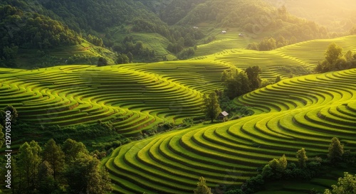 Lush Green Rice Terraces Landscape - Stunning aerial view of vibrant green rice terraces cascading down hillsides, bathed in sunlight. Perfect for travel, nature, and agriculture themes