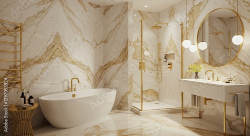 Luxurious Gold and Marble Bathroom Design - Elegant bathroom featuring gold fixtures and luxurious marble walls, showcasing a freestanding tub and modern vanity photo