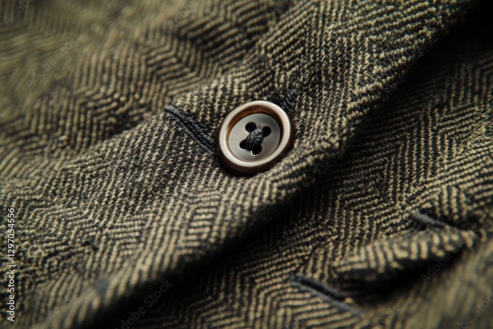 Detailed view of a herringbone tweed garment with a dark button. The intricate pattern and subtle texture are highlighted in the close-up. Detailed view of a herringbone tweed garment with a dark button. The intricate pattern and subtle texture are highlighted in the close-up.